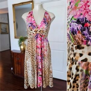 🌺 Y2K Beach Angels Mixed Print Halter Dress Floral Leopard Bodycon Mini S/M